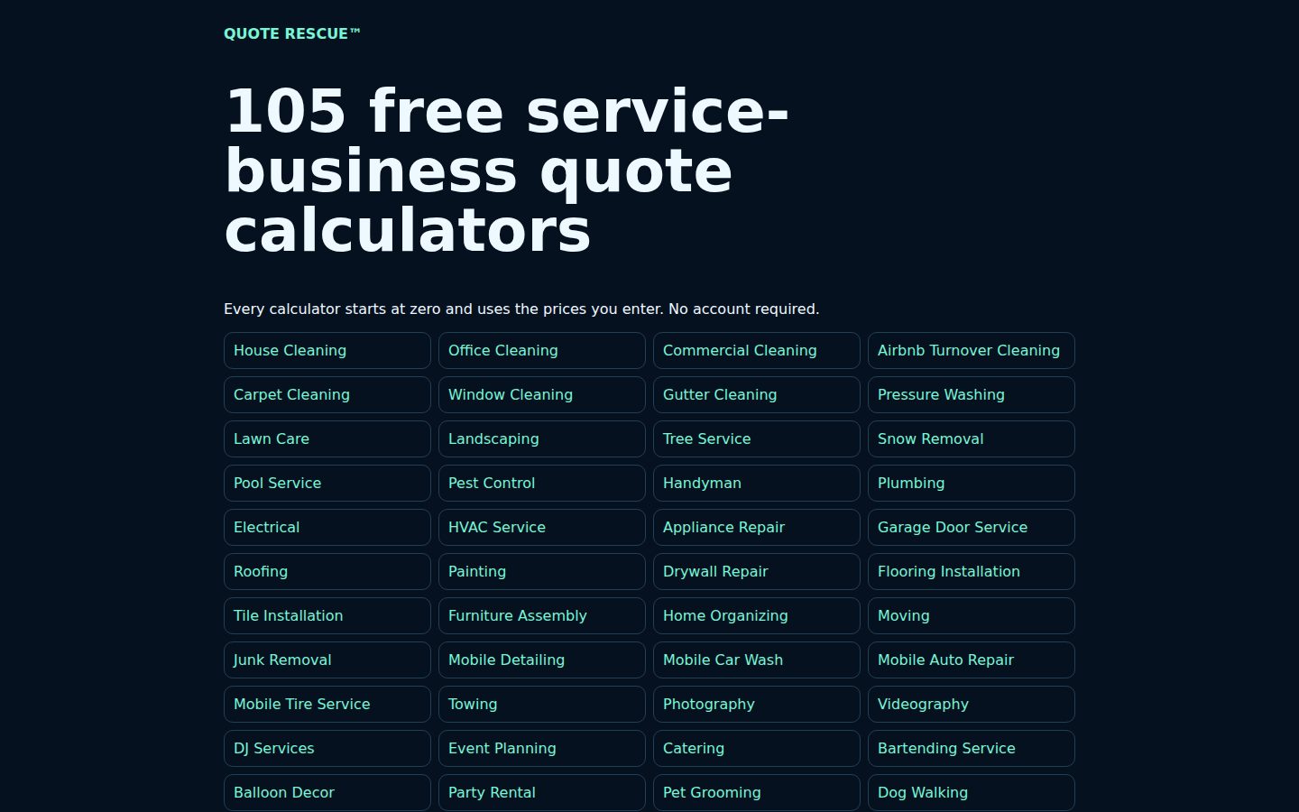 Screenshot of the public 105 Free Service Quote Calculators homepage