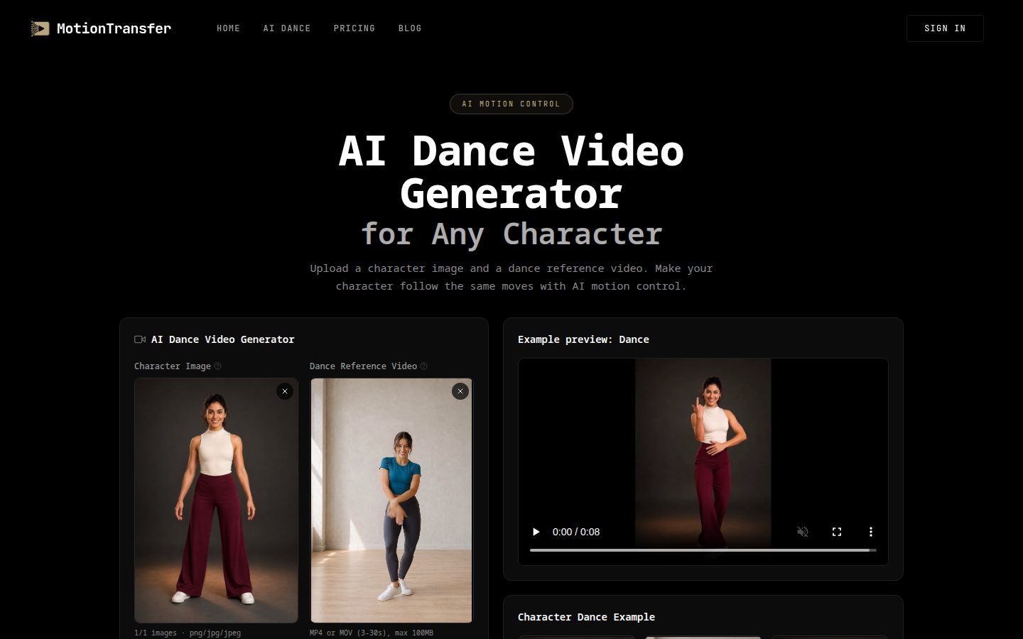 Screenshot of the public AI Dance Video Generator homepage