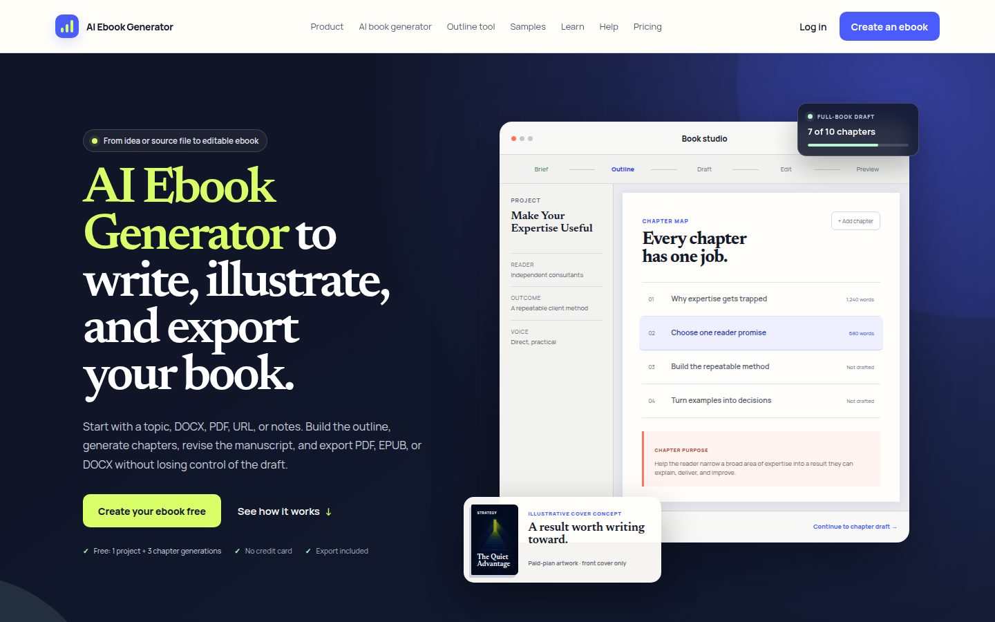 Screenshot of the public AI Ebook Generator homepage