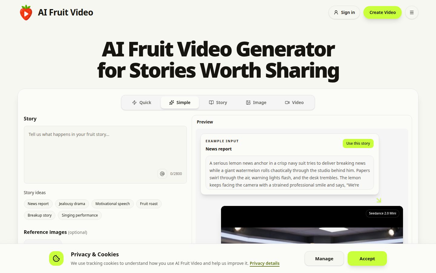 Screenshot of the public AI Fruit Video homepage