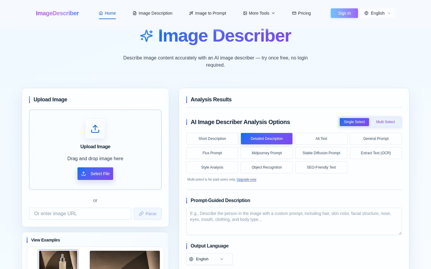 Screenshot of the public AI Image Describer homepage