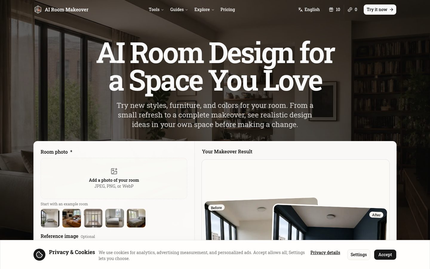 Screenshot of the public AI Room Makeover homepage