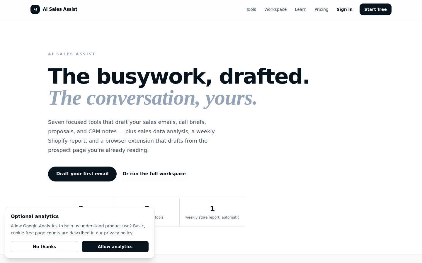 Screenshot of the public AI Sales Assist homepage