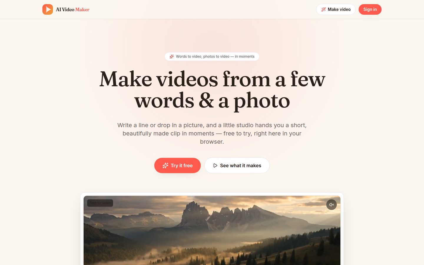 Screenshot of the public AI Video Maker homepage