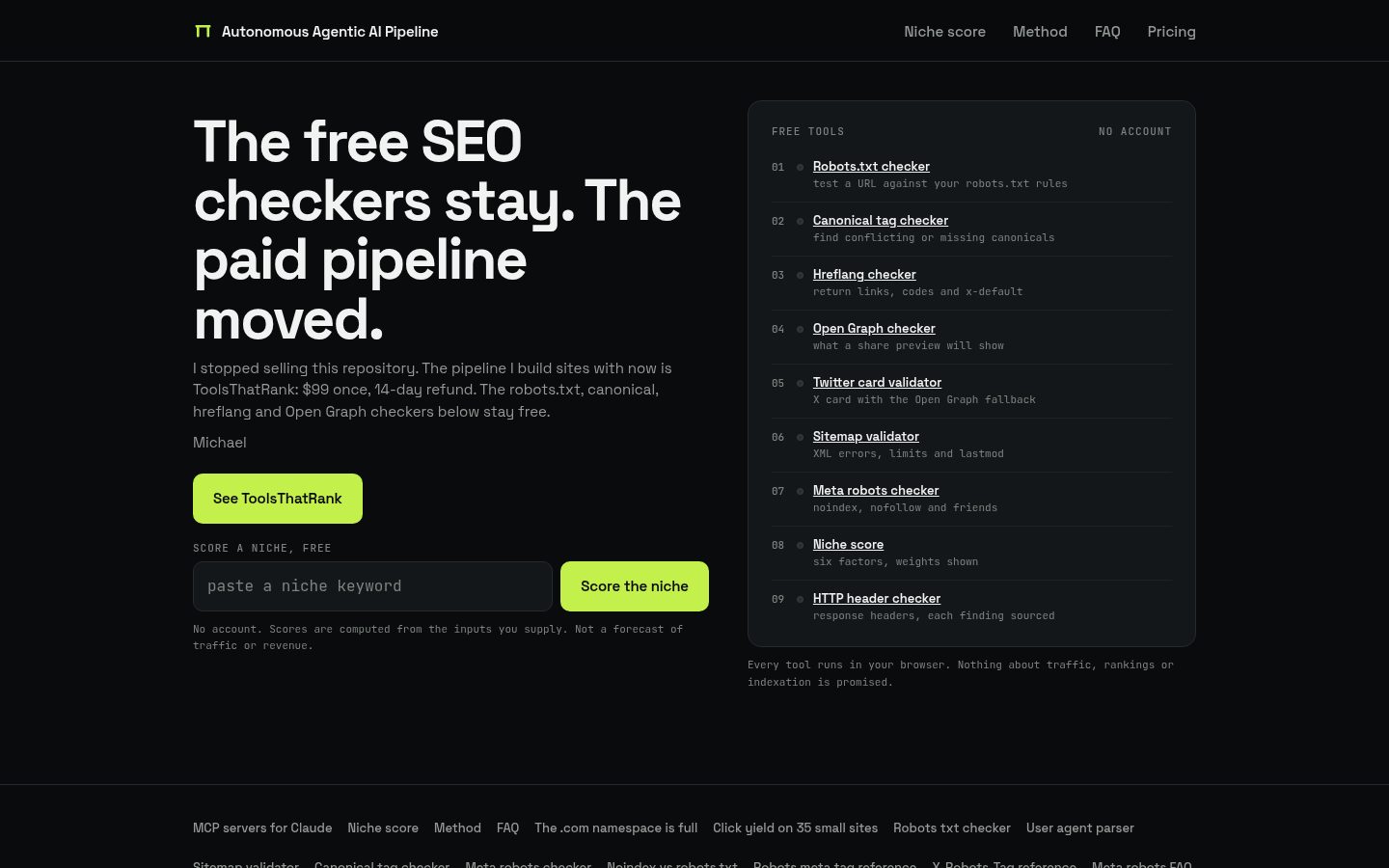 Screenshot of the public AI Website Pipeline homepage
