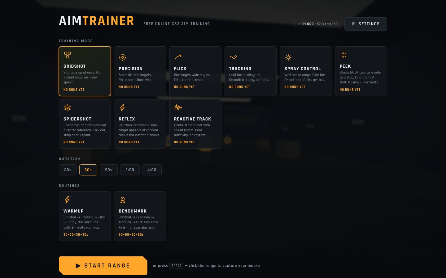 Screenshot of the public Aim Trainer homepage