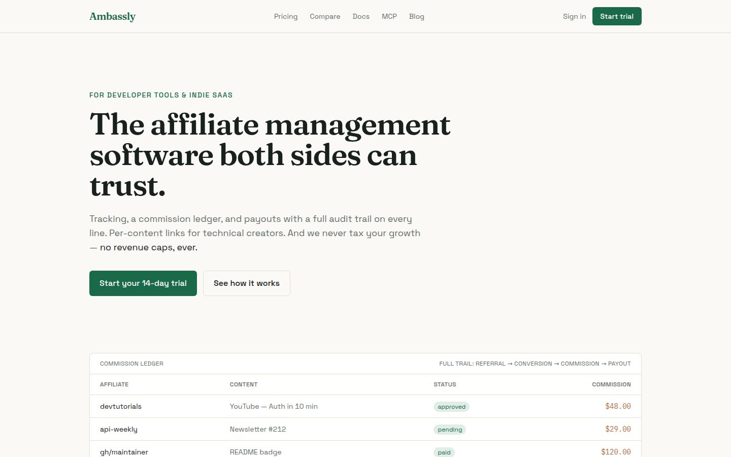 Screenshot of the public Ambassly homepage