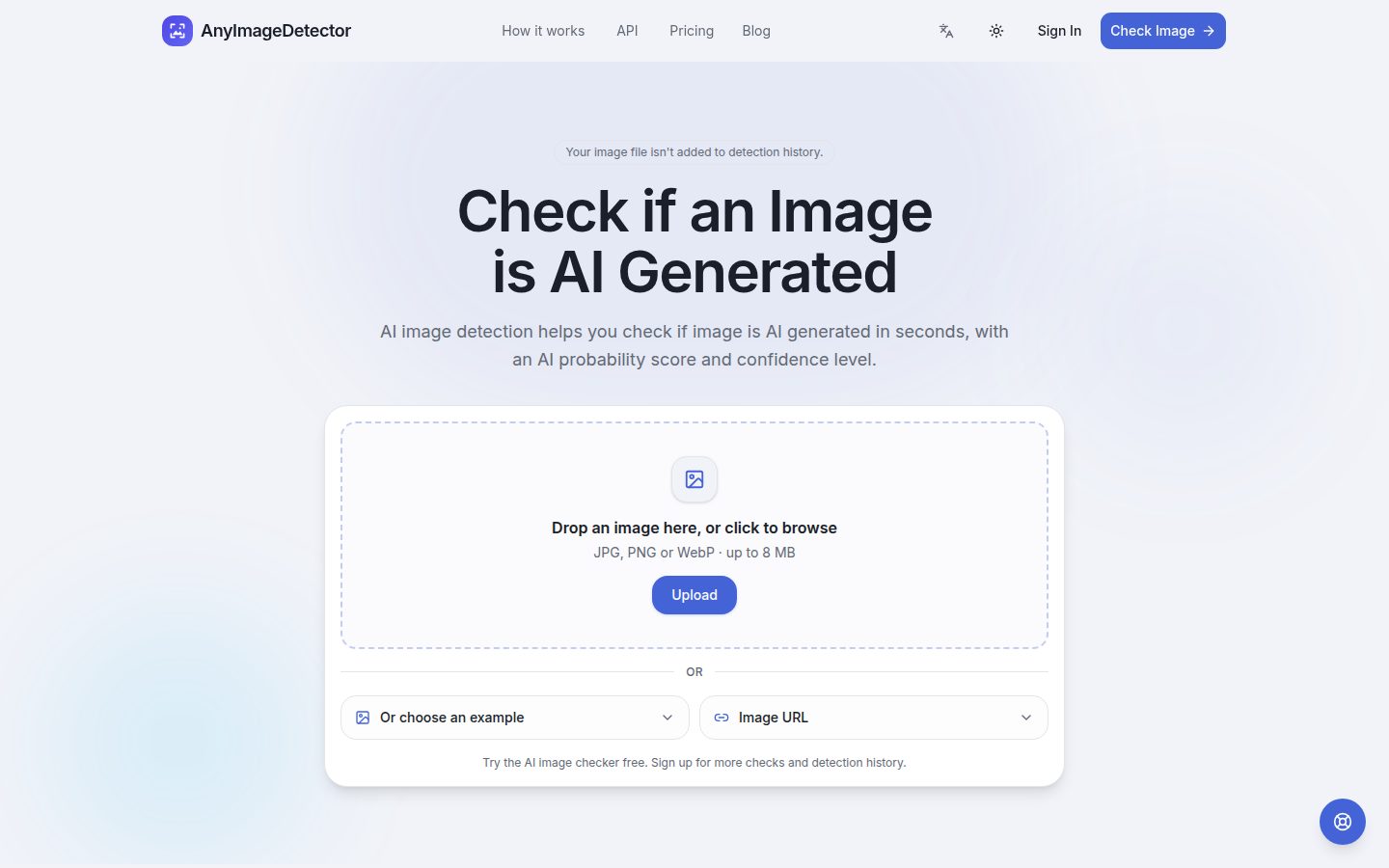 Screenshot of the public AnyImageDetector homepage