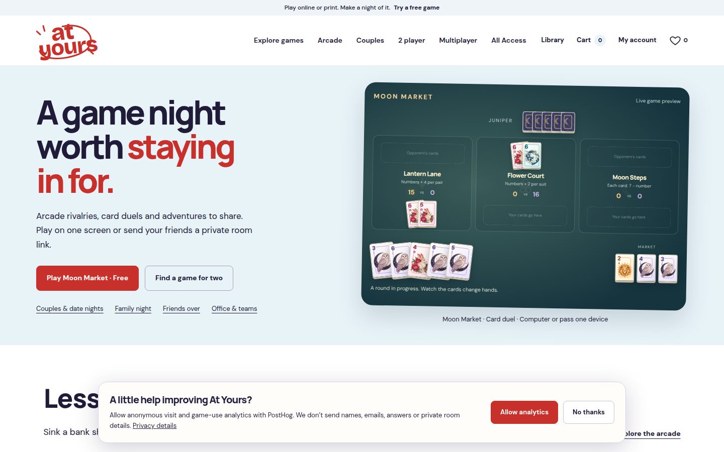 Screenshot of the public At Yours homepage