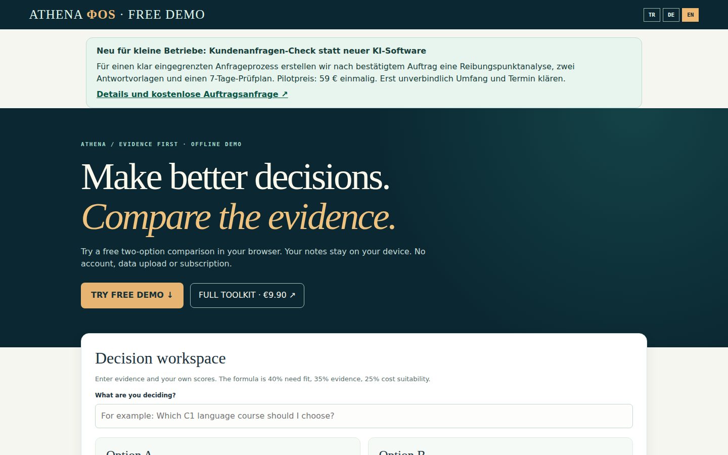 Screenshot of the public ATHENA Offline Decision Toolkit homepage