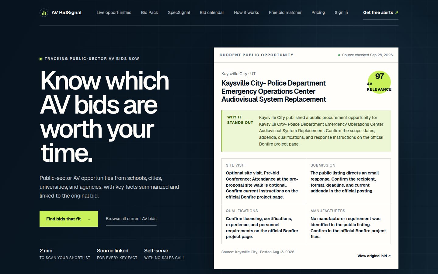 Screenshot of the public AV BidSignal homepage