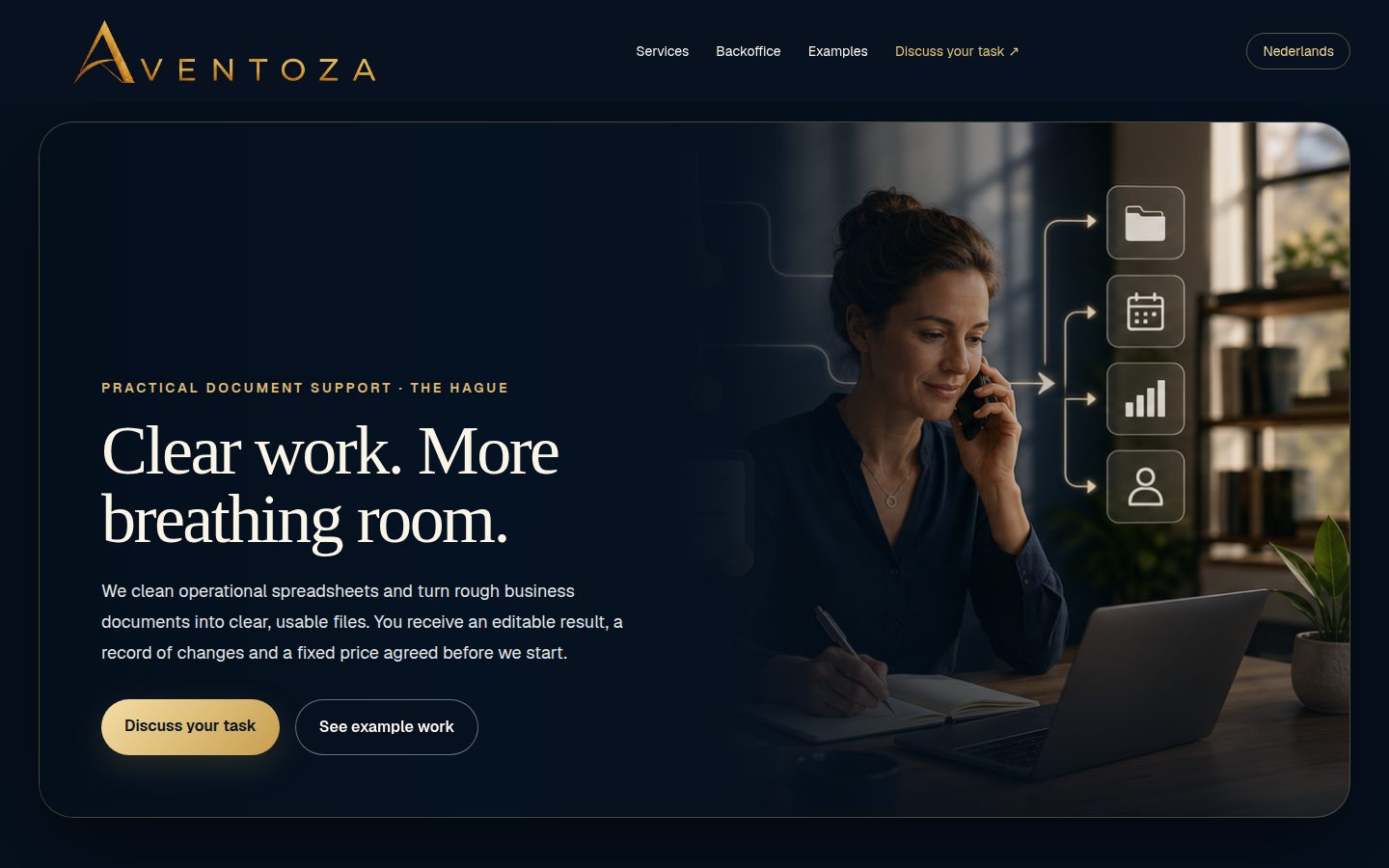 Screenshot of the public Aventoza homepage