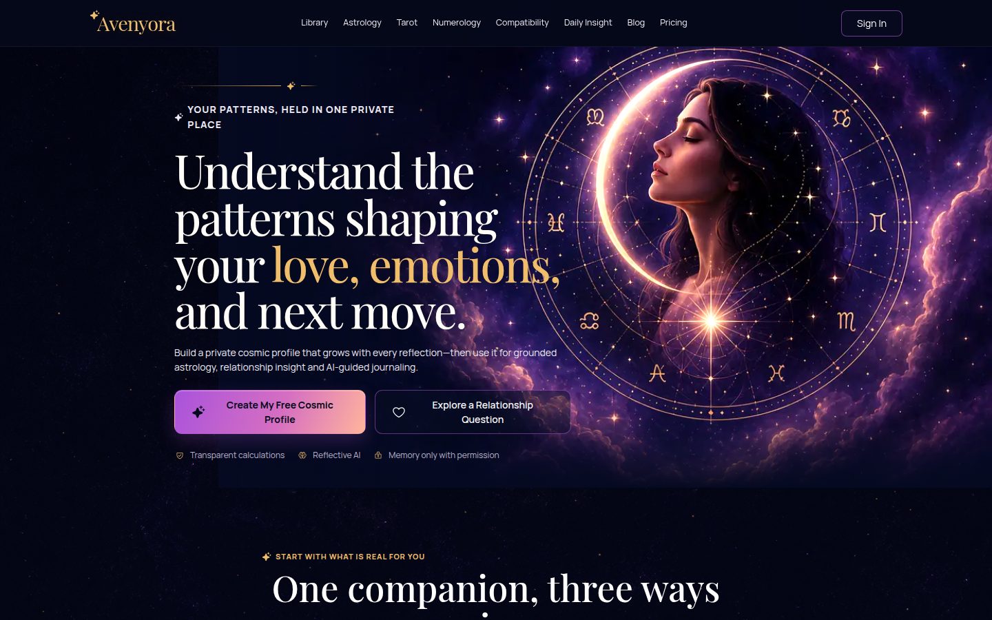 Screenshot of the public Avenyora homepage