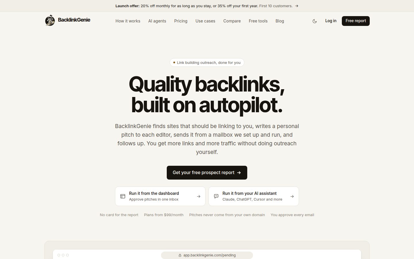 Screenshot of the public BacklinkGenie homepage