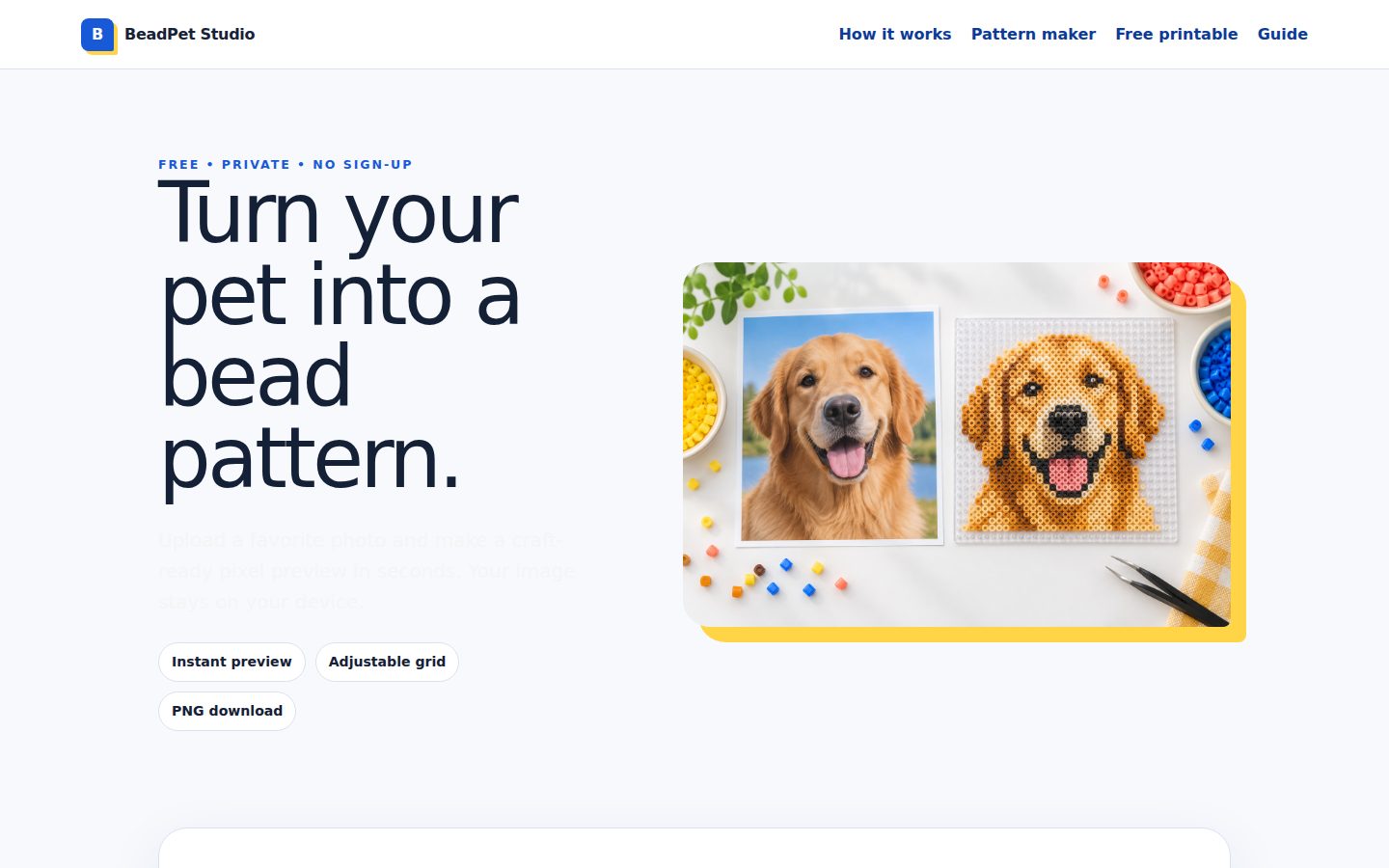 Screenshot of the public BeadPet Studio homepage