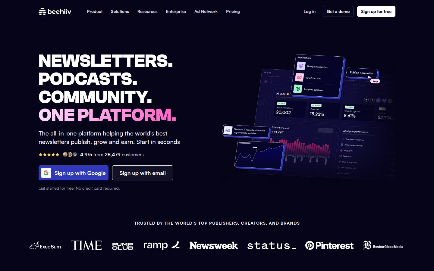 Screenshot of the public beehiiv homepage