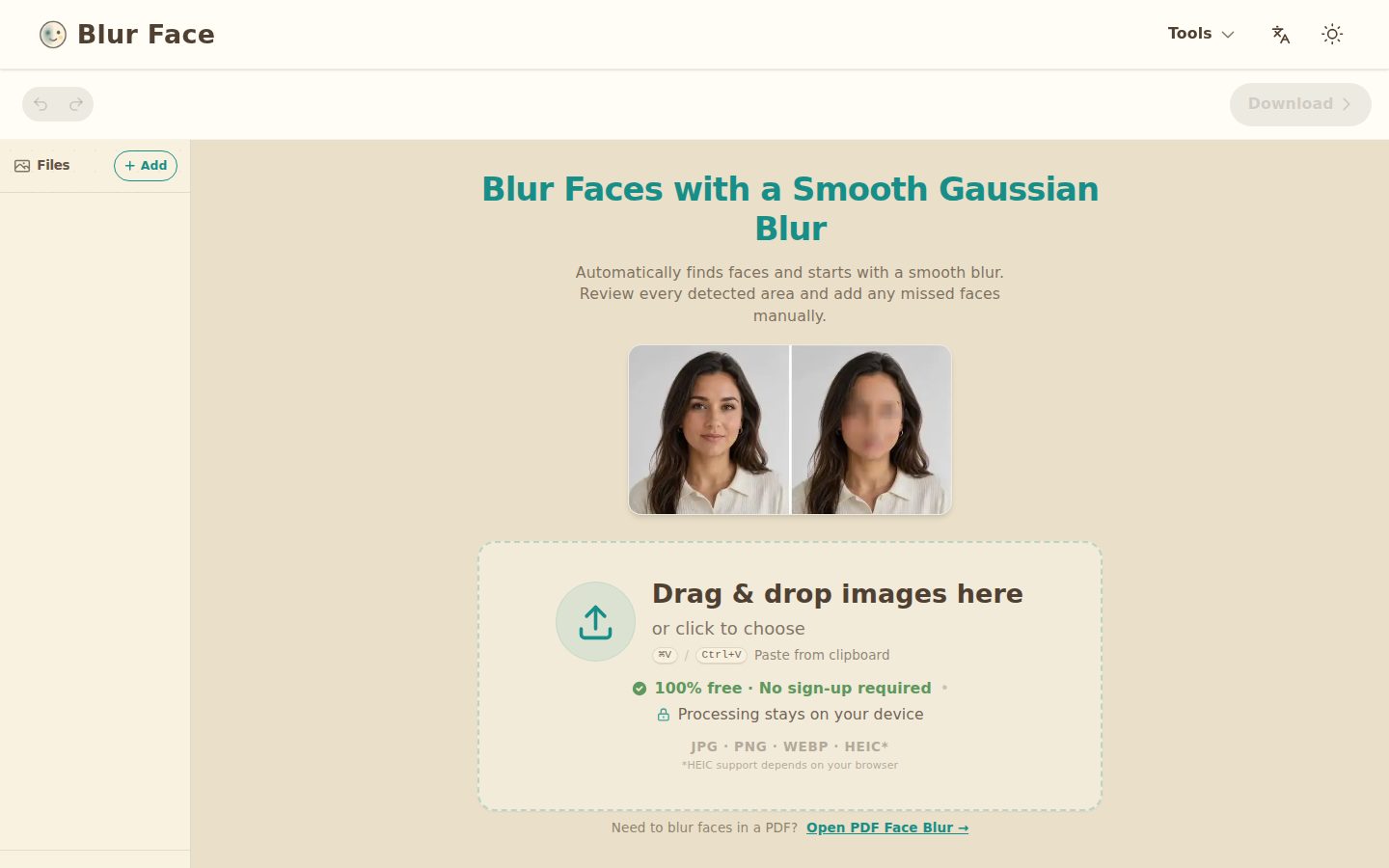 Screenshot of the public Blur Face homepage