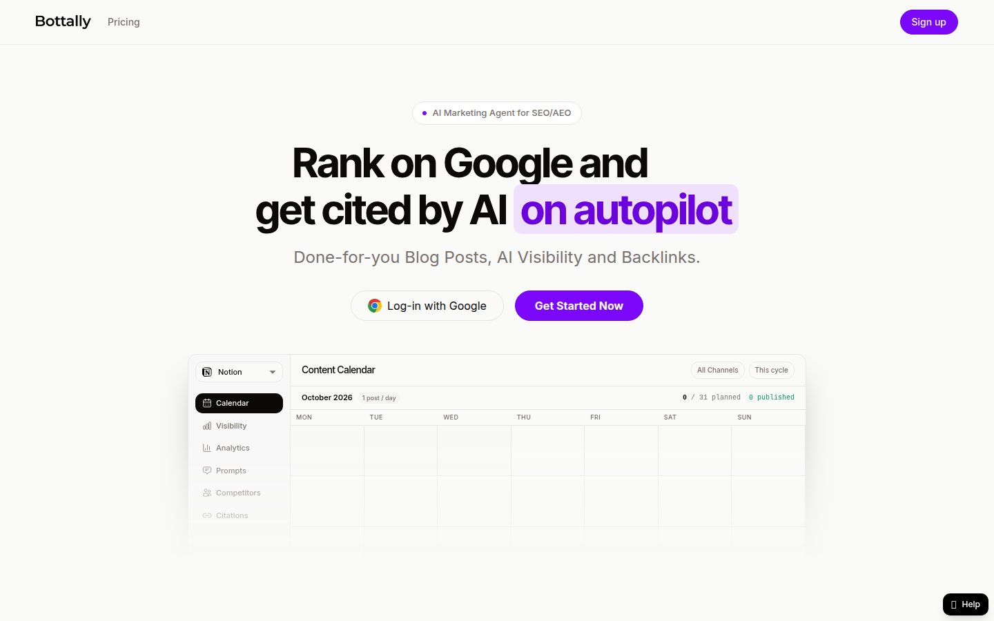 Screenshot of the public Bottally homepage