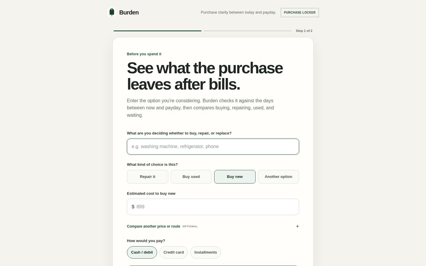 Screenshot of the public Burden homepage