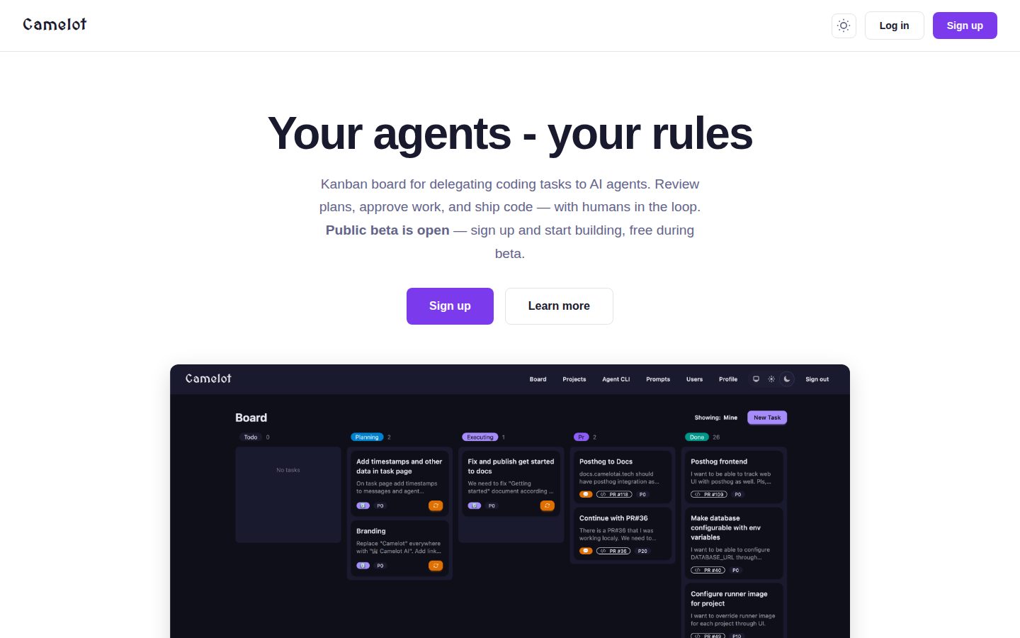 Screenshot of the public Camelot homepage