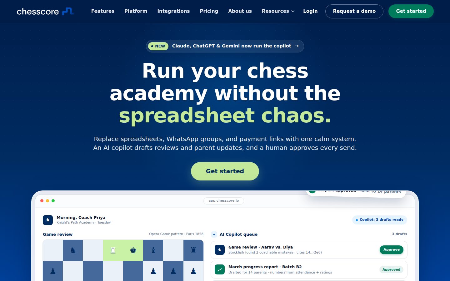 Screenshot of the public ChessCore homepage