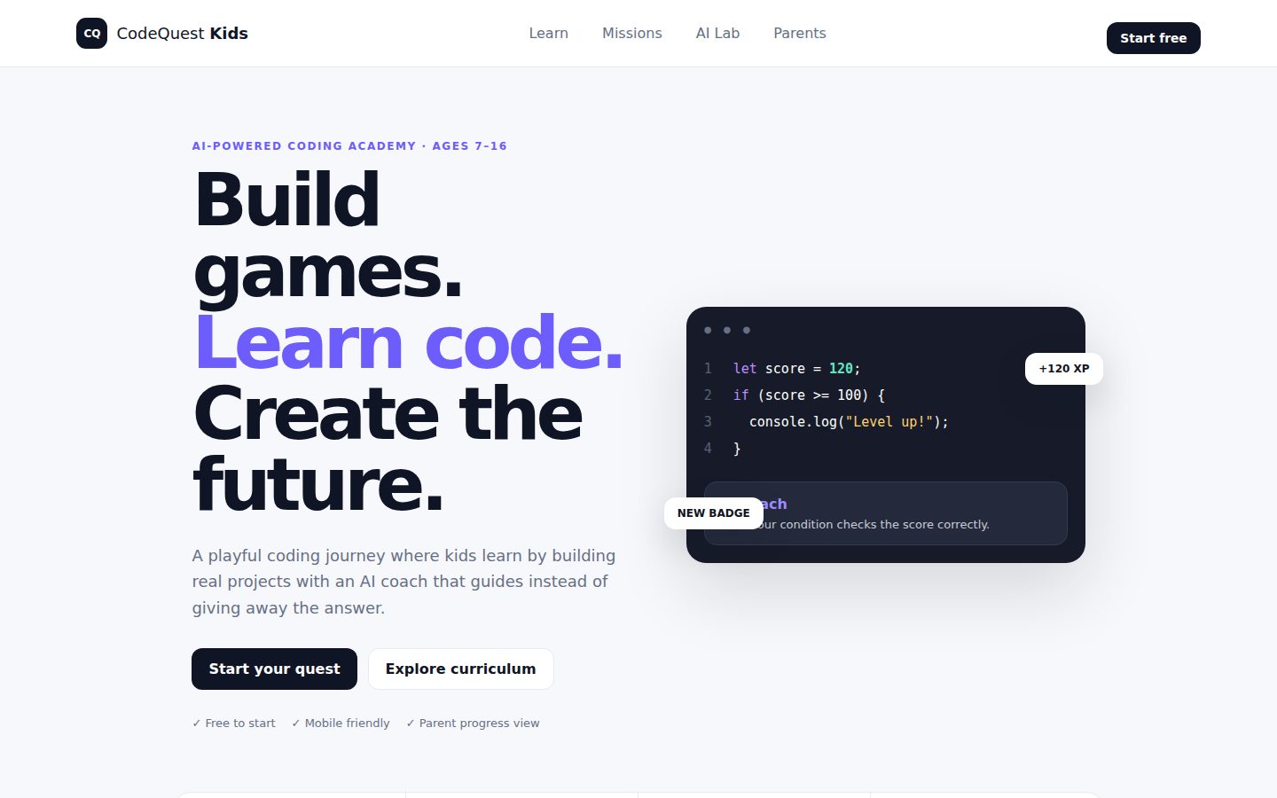 Screenshot of the public CodeQuest Kids homepage