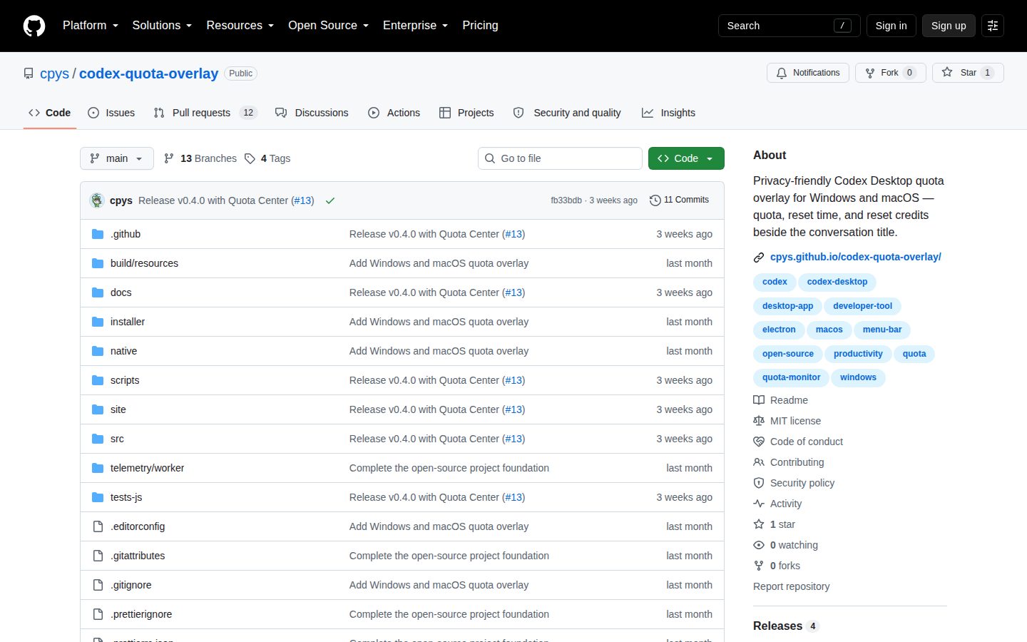 Screenshot of the public Codex Quota Overlay homepage