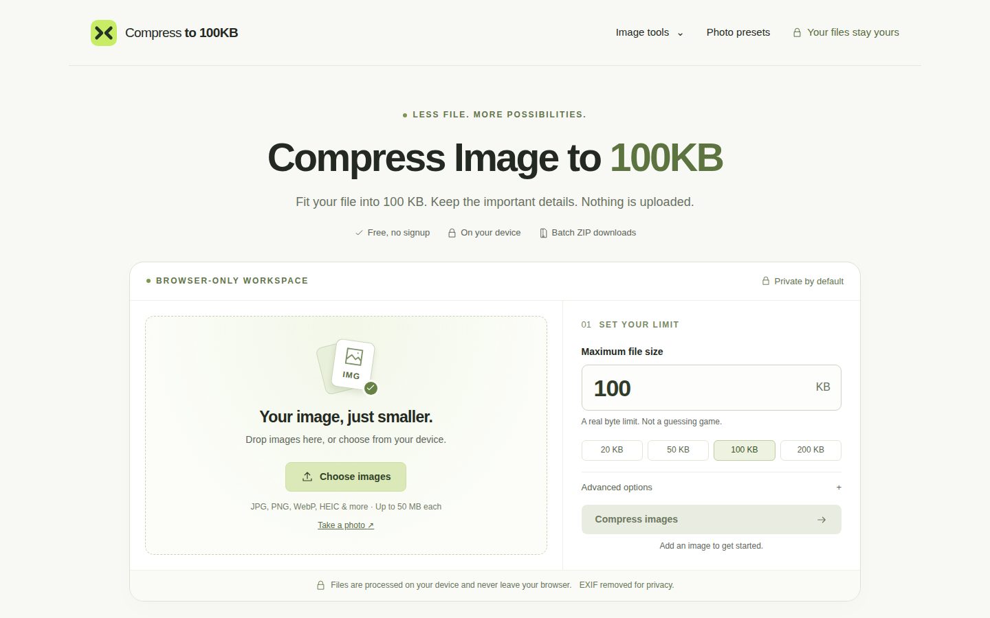 Screenshot of the public Compress to 100KB homepage