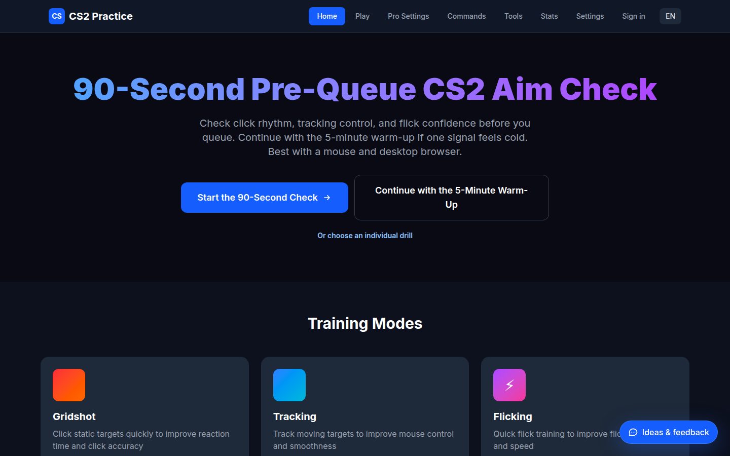 Screenshot of the public CS2 Practice homepage