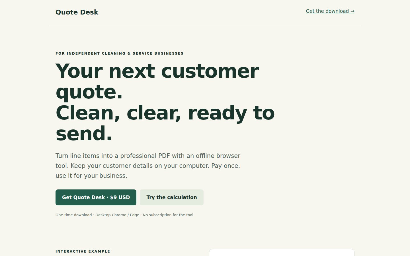 Screenshot of the public Customer quotations. $9 once. Works offline. homepage