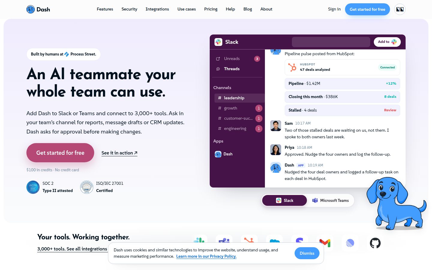 Screenshot of the public Dash homepage