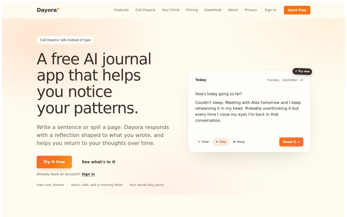 Screenshot of the public Dayora homepage