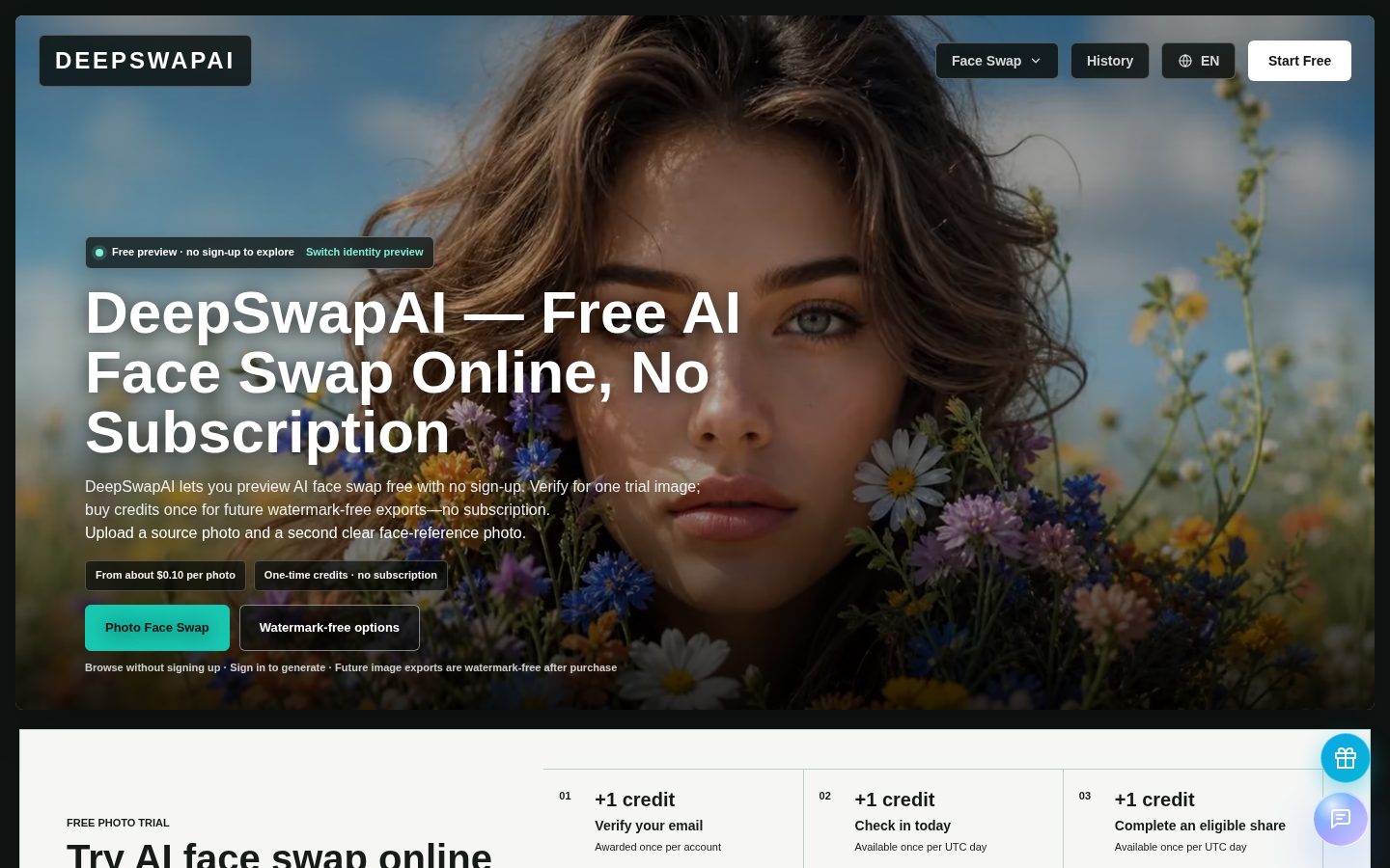 Screenshot of the public DeepSwapAI homepage