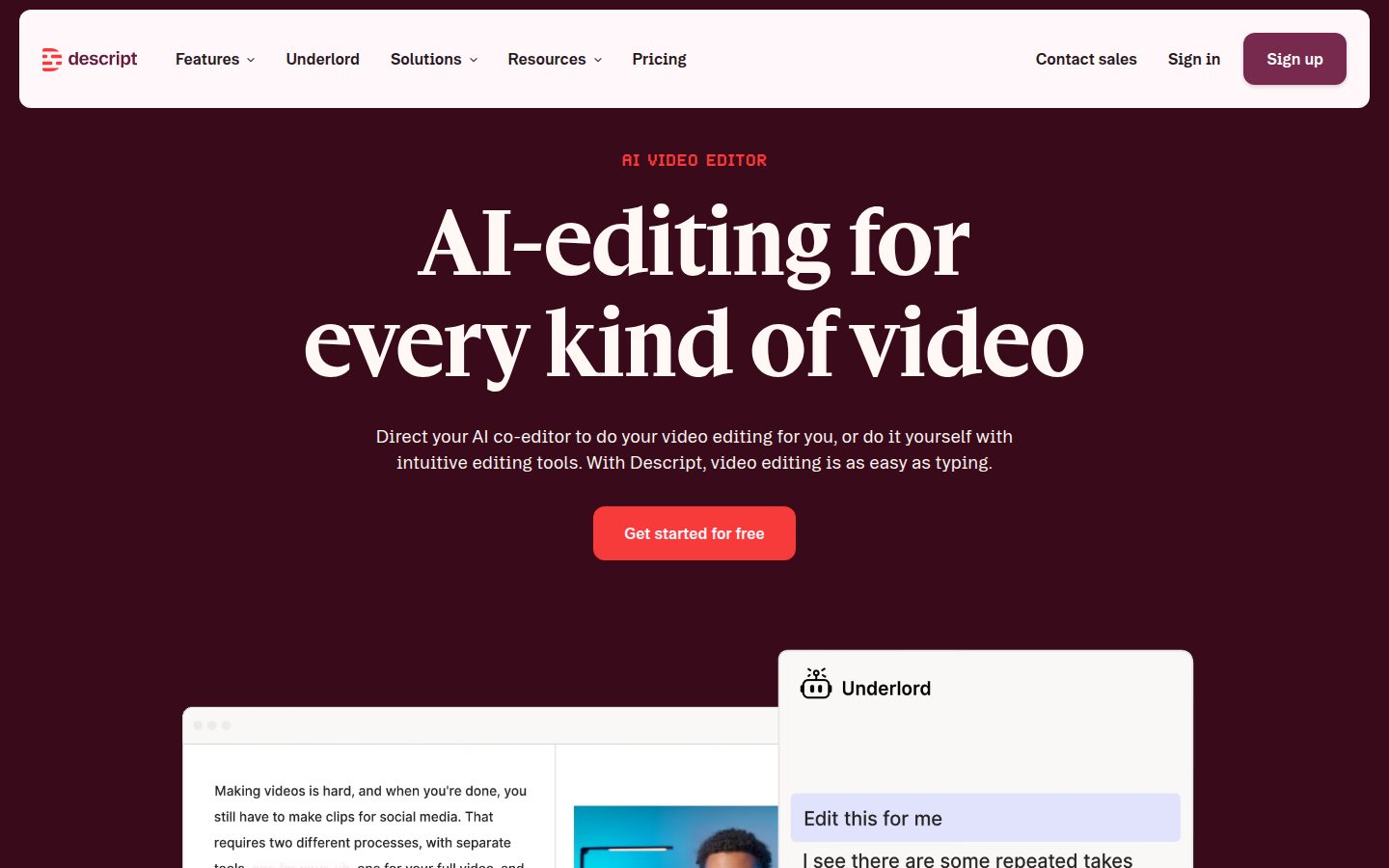 Screenshot of the public Descript homepage