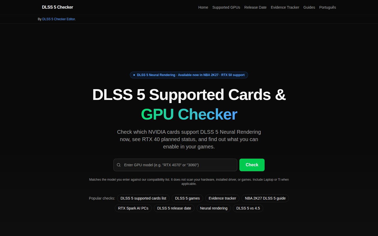 Screenshot of the public DLSS 5 GPU Compatibility Checker homepage