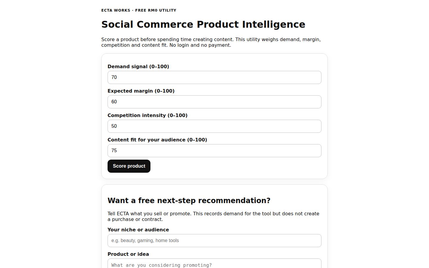 Screenshot of the public ECTA Social Commerce Product Intelligence homepage