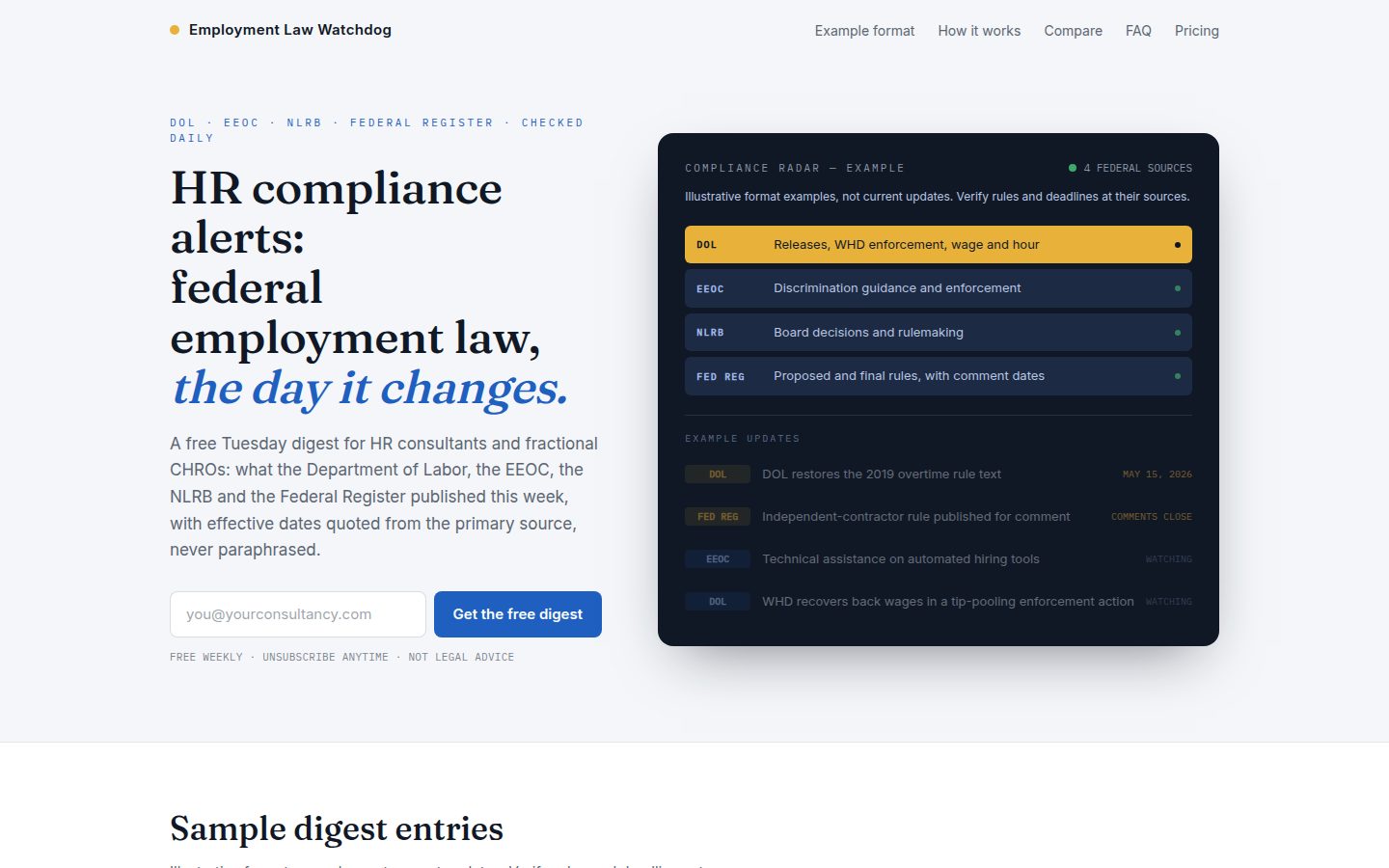 Screenshot of the public Employment Law Watchdog homepage