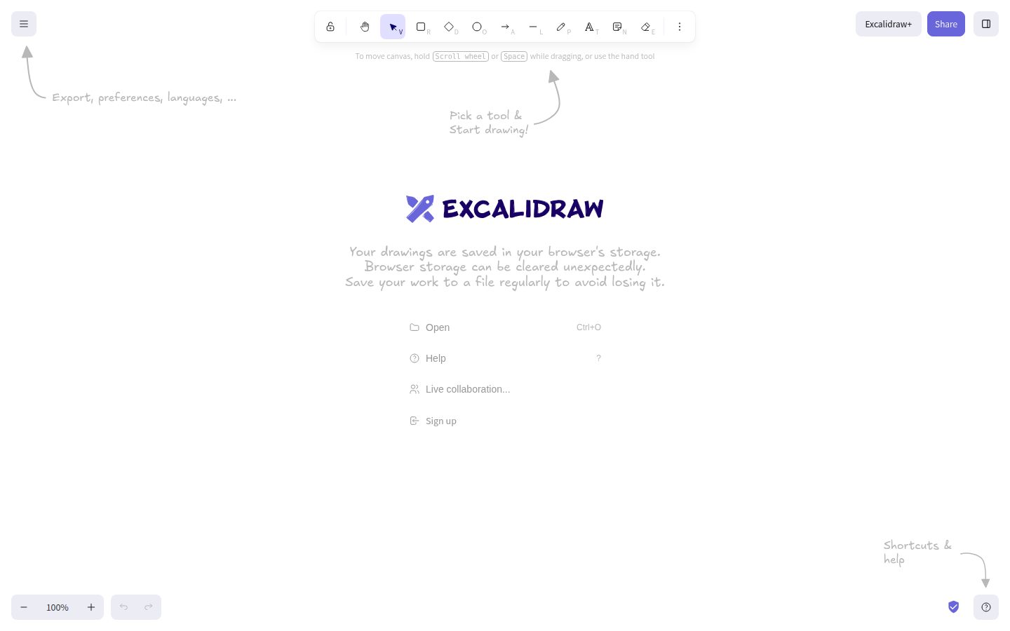 Screenshot of the public Excalidraw homepage