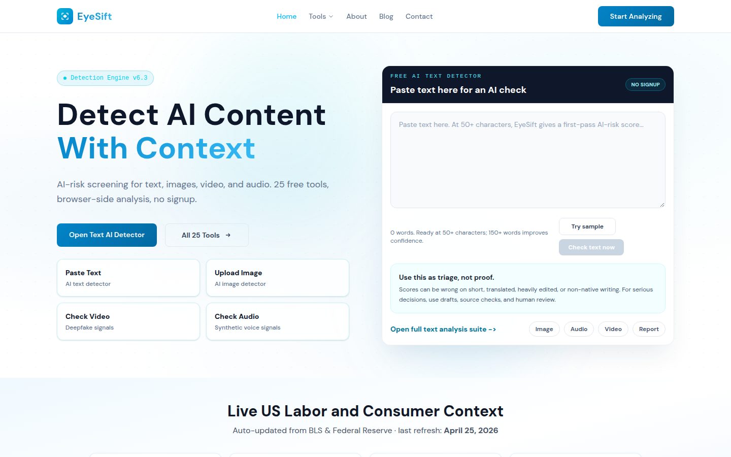 Screenshot of the public EyeSift homepage