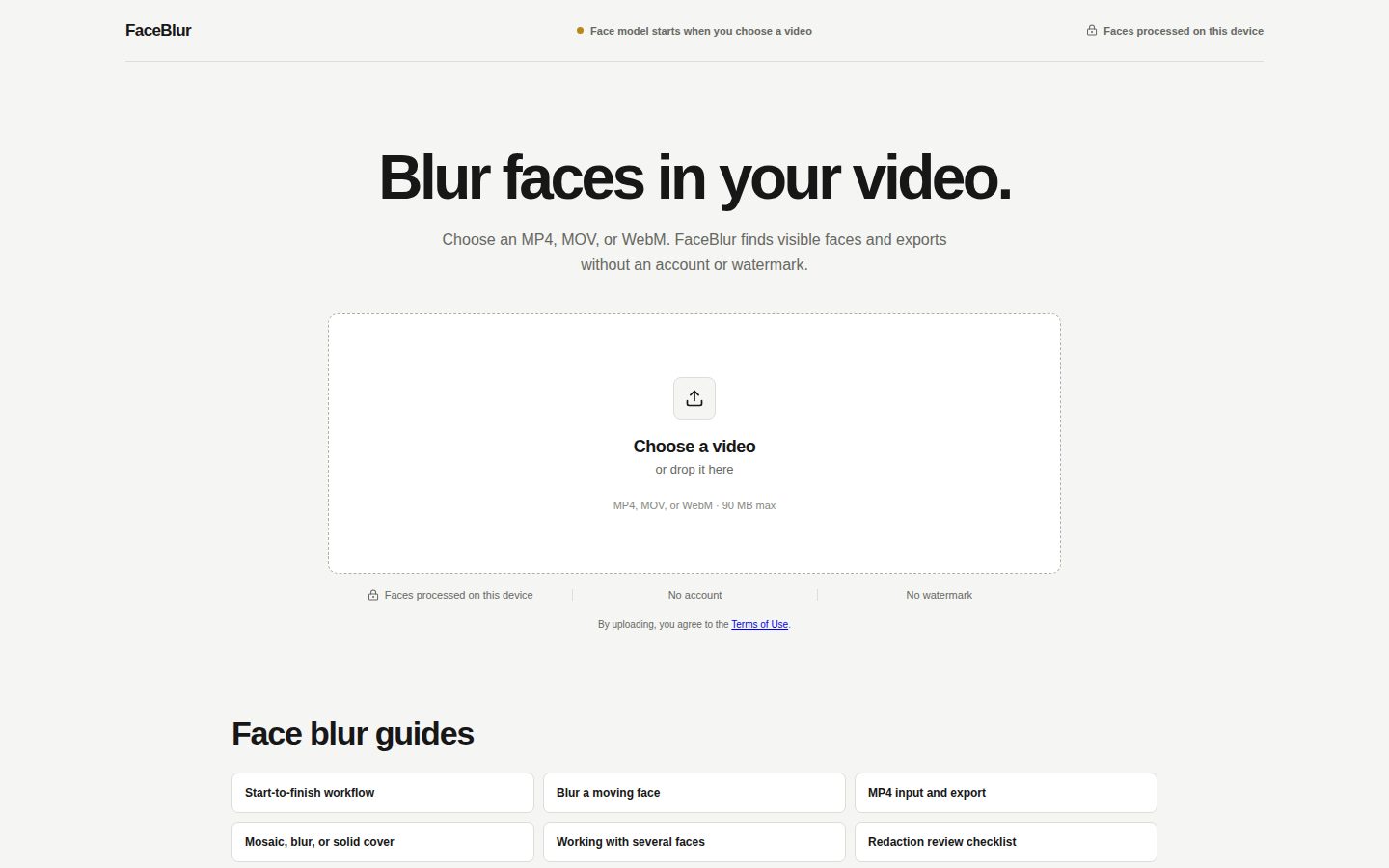 Screenshot of the public FaceBlur homepage
