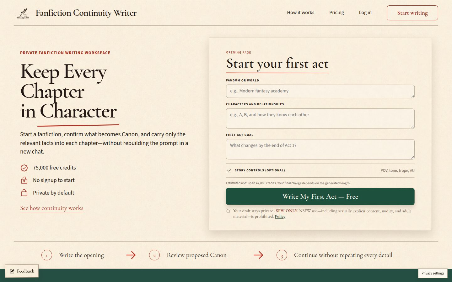 Screenshot of the public Fanfiction Generator With Chapter Memory homepage