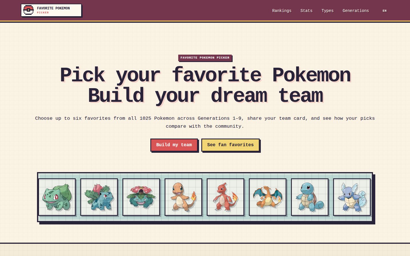 Screenshot of the public Favorite Pokemon Picker homepage
