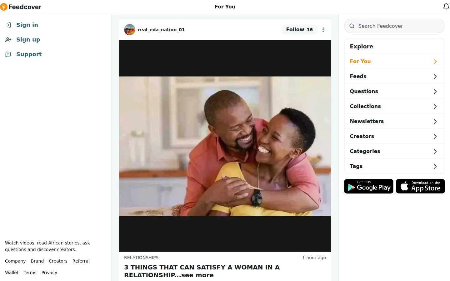 Screenshot of the public Feedcover homepage