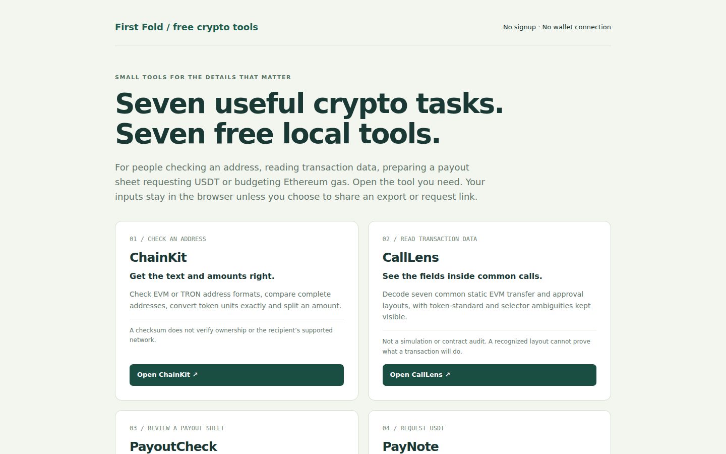 Screenshot of the public Five useful crypto tasks. Five free local tools. homepage