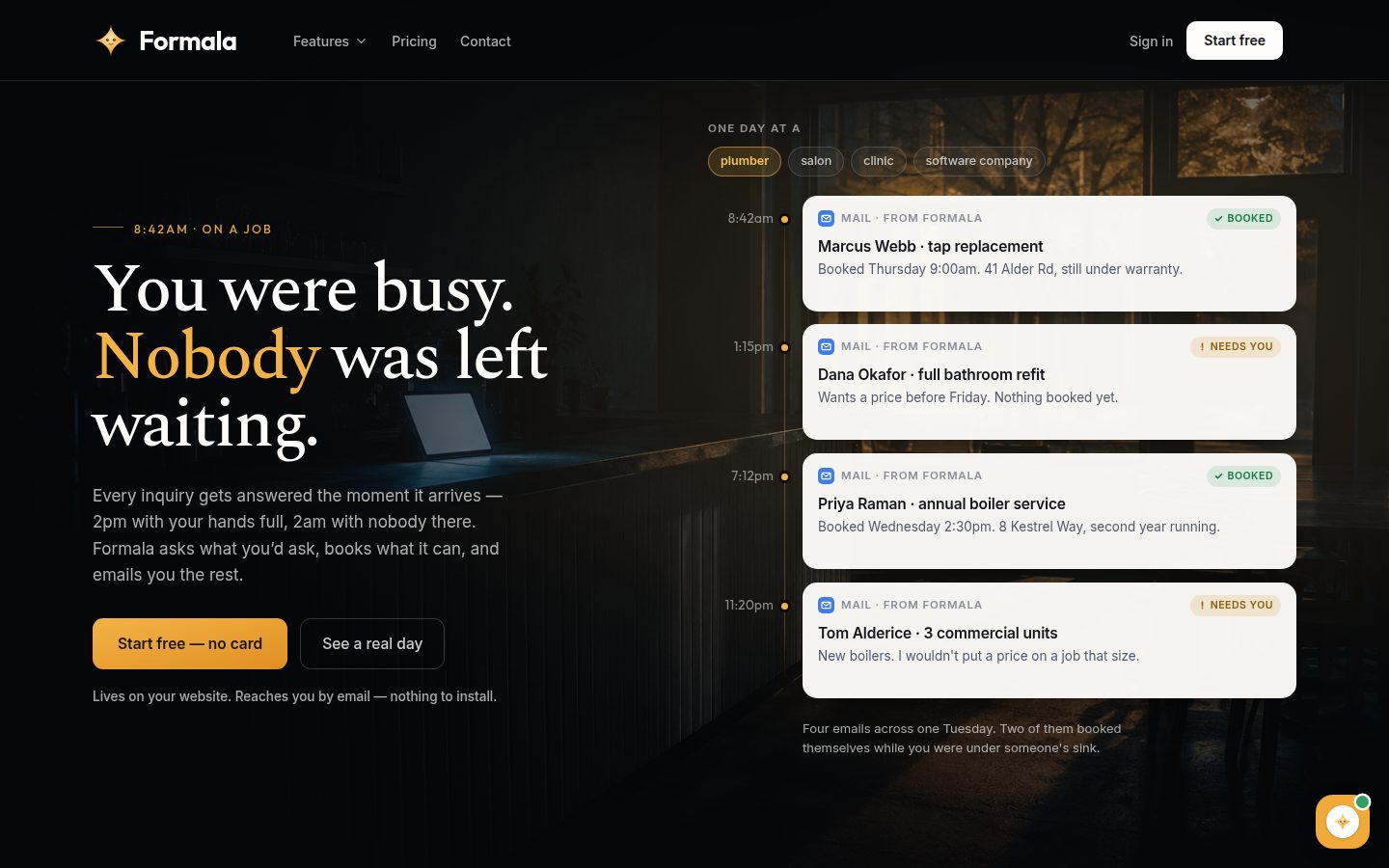 Screenshot of the public Formala homepage