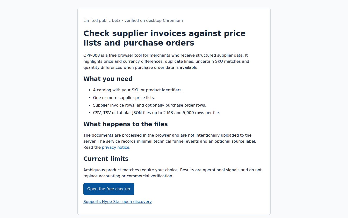 Screenshot of the public Free supplier invoice and price list discrepancy checker homepage