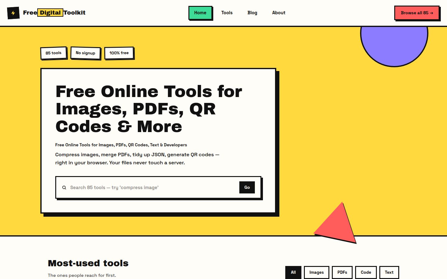 Screenshot of the public FreeDigitalToolkit homepage