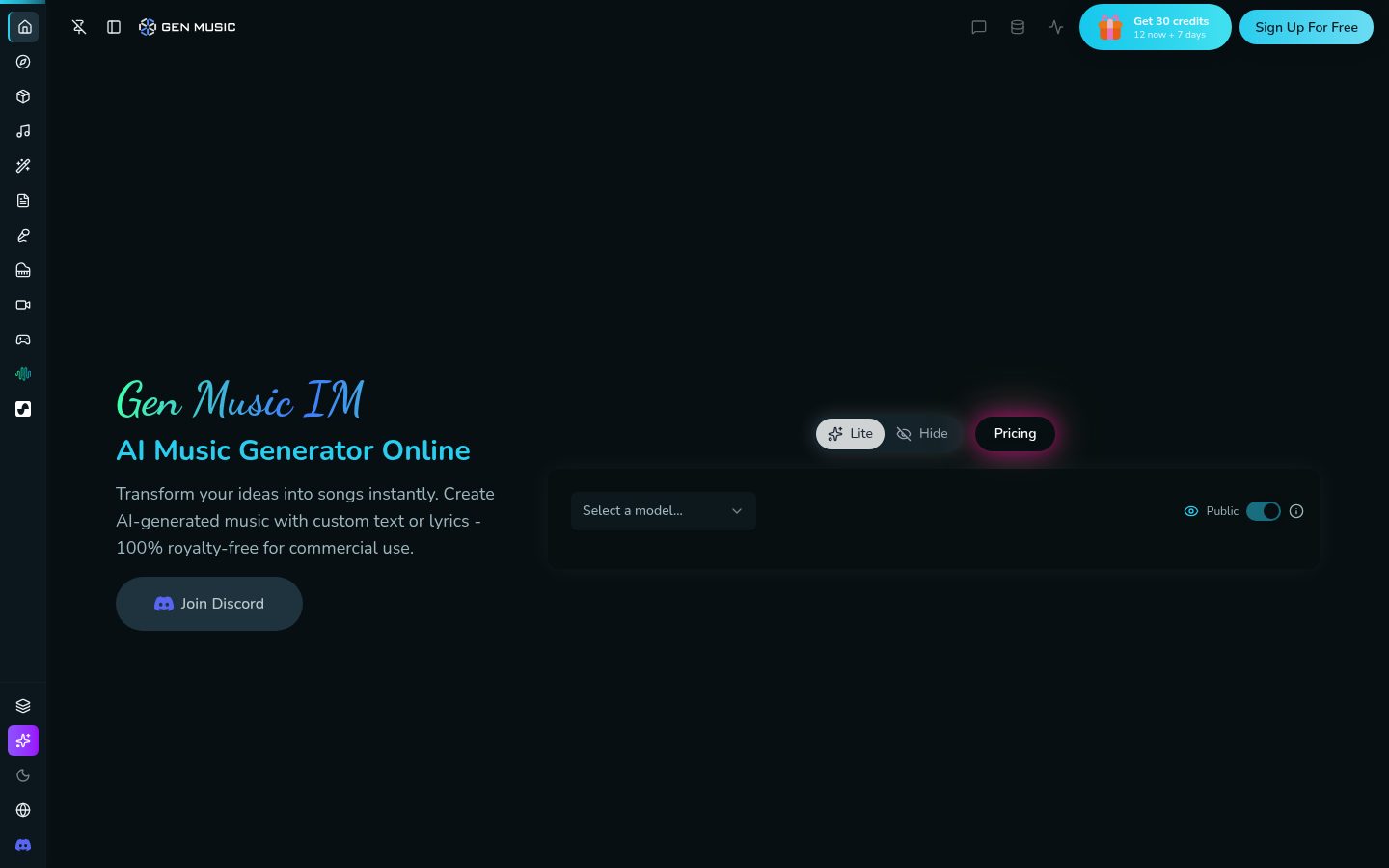 Screenshot of the public Gen Music IM homepage