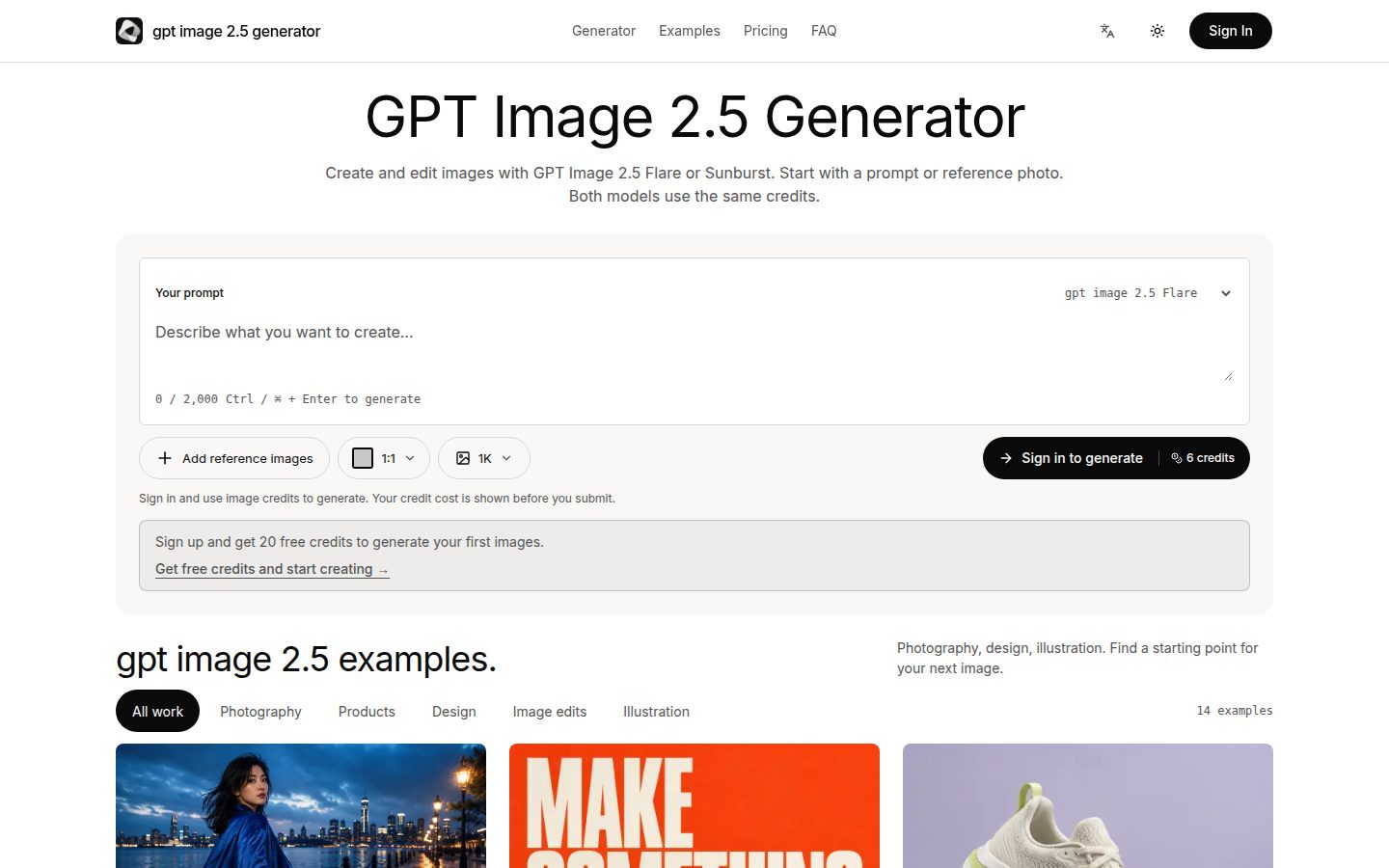 Screenshot of the public gpt image 2.5 generator homepage