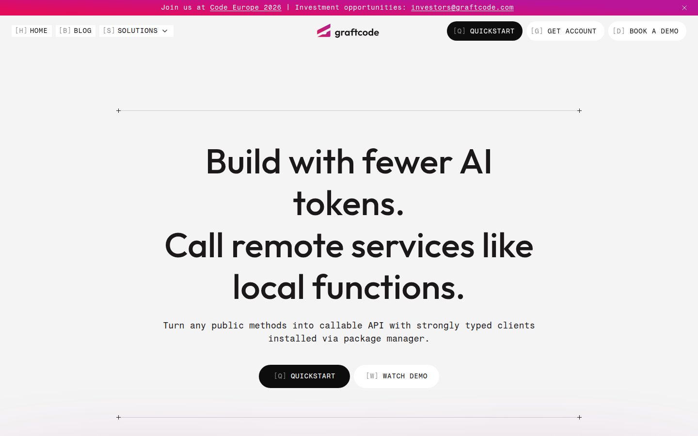 Screenshot of the public Graftcode homepage